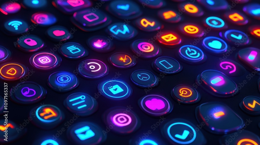 Poster Neon Illuminated App Icons Interface Design