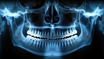 Panoramic dental X ray image shows full mouth teeth. Jaw bone structure visible. Medical diagnostic tool. Dentistry healthcare. Oral health check. Teeth care.