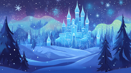 A whimsical new year's fantasy winter kingdom with ice castles, magical creatures, and swirling snowflakes under the enchanting northern lights. Ethereal Winter Kingdom. Illustration