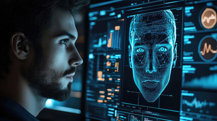 Man looks at digital interface with cybernetic data displays, face and ai elements. Concept of facial recognition, screen, technology, dashboard