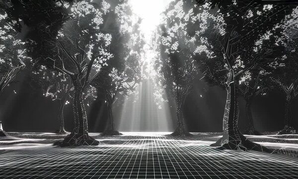 3D wireframe preview of forest, grid, only white lines, polygons, black background, high quality