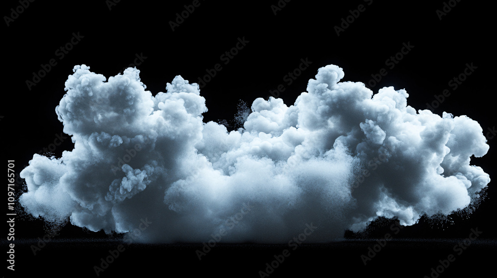 Poster Dramatic and dynamic visual effect: realistic white smoke cloud exploding against a black backdrop