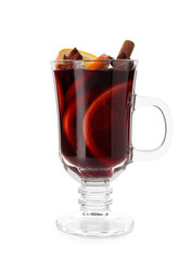 Tasty mulled wine with orange slices and spices isolated on white