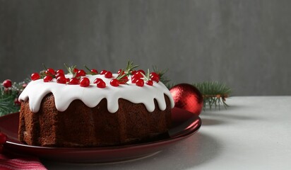 Traditional Christmas cake decorated with currants and rosemary on white table, closeup. Space for text