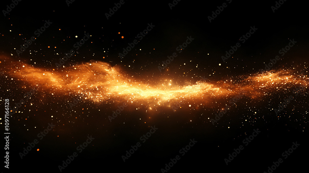 Poster Golden fire particles and light ray flowing on black background creating a magical abstract effect