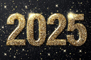 Golden "2025" numbers with glittering effects on a black background, perfect for New Year celebration posters.