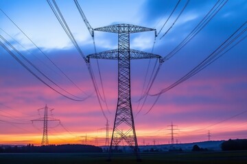 Fototapeta premium Vibrant sunset with power lines stretching across the horizon in a rural landscape