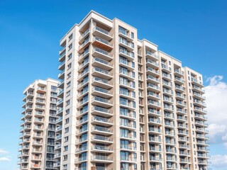 Modern high-rise apartment building with sleek design and floor plans, modern, construction, skyscraper