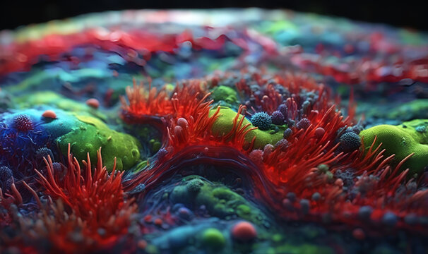 Visualization of microorganisms: bright colors, subtle gradations of light.