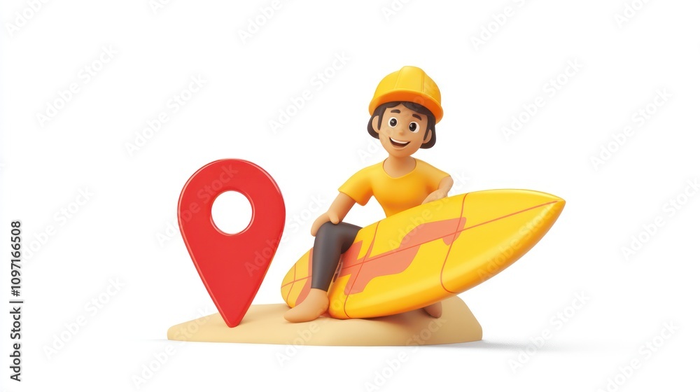 Poster a cheerful character with a surfboard next to a location pin, symbolizing travel and leisure.
