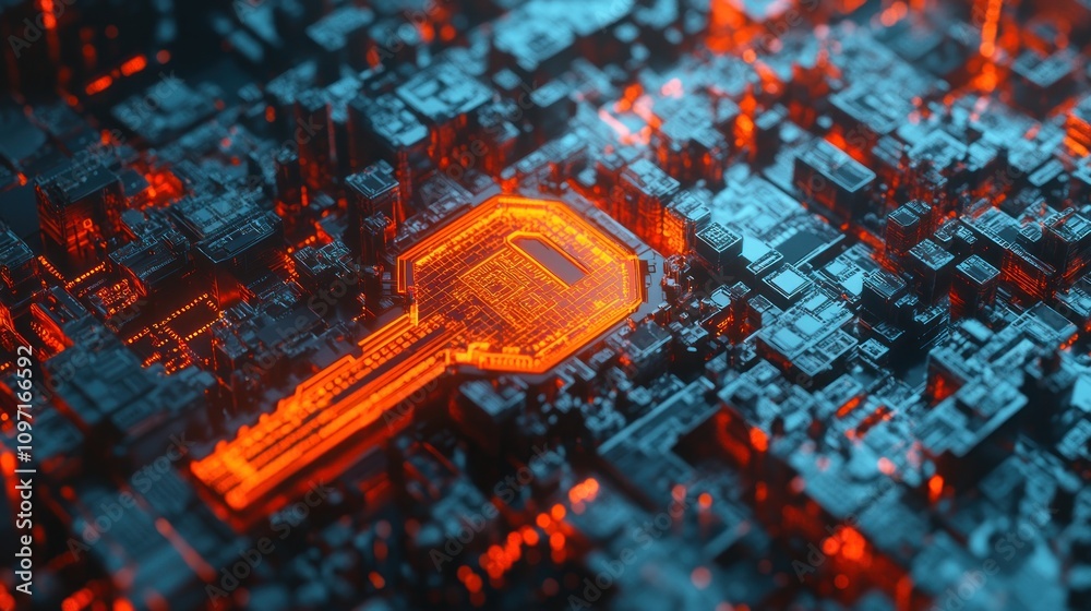 Poster A digital representation of a key symbolizing cybersecurity and data protection.