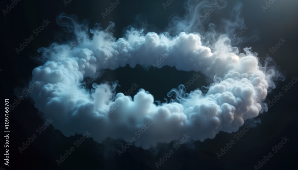 Poster Abstract smoke. 3D rendered vapor cloud. White steam circle. Air trail effect. Game design element. Hookah shape. Round transparent texture. Spiral swirl. Modern graphic. Isolated background. Digital