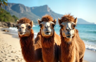 Fototapeta premium Three camels gaze at camera on sunny beach. Ocean waves gently roll. Funny animals enjoy coastal scenery. Cute wildlife in summer. Happy camels on shore.