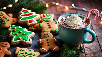 Close-Up of Christmas Cookies, Hot Cocoa, and Holiday Decorations