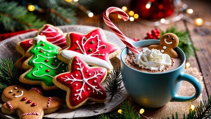 Close-Up of Christmas Cookies, Hot Cocoa, and Holiday Decorations