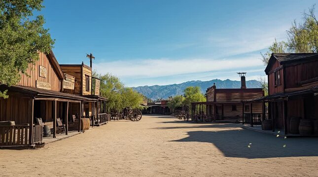 Old Wild West town under the scorching sun on a hot summer day  
Seamless looping 4k time-lapse virtual video animation Generated AI