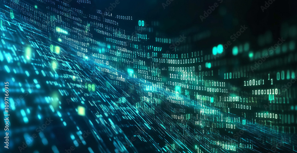 Aufkleber Visual representation of digital data flow with binary code on a dark background