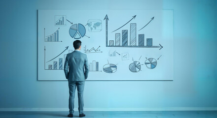 Businessman analyzing data on whiteboard with graphs and charts in modern office setting