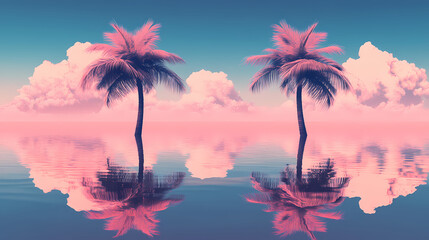 Obraz premium Two pink palm trees over the sea. generative ai. Dreamlike Skyline Reflections. Illustration