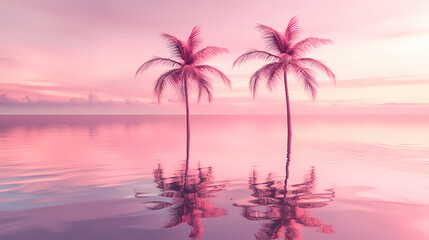 Naklejka premium Two pink palm trees over the sea. generative ai. Dreamlike Skyline Reflections. Illustration