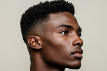 Profile portrait of a young black man showcasing a trendy box fade haircut, highlighting contemporary men's grooming