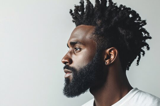 Profile of serious young black man with twists hairstyle and beard looking away on white background