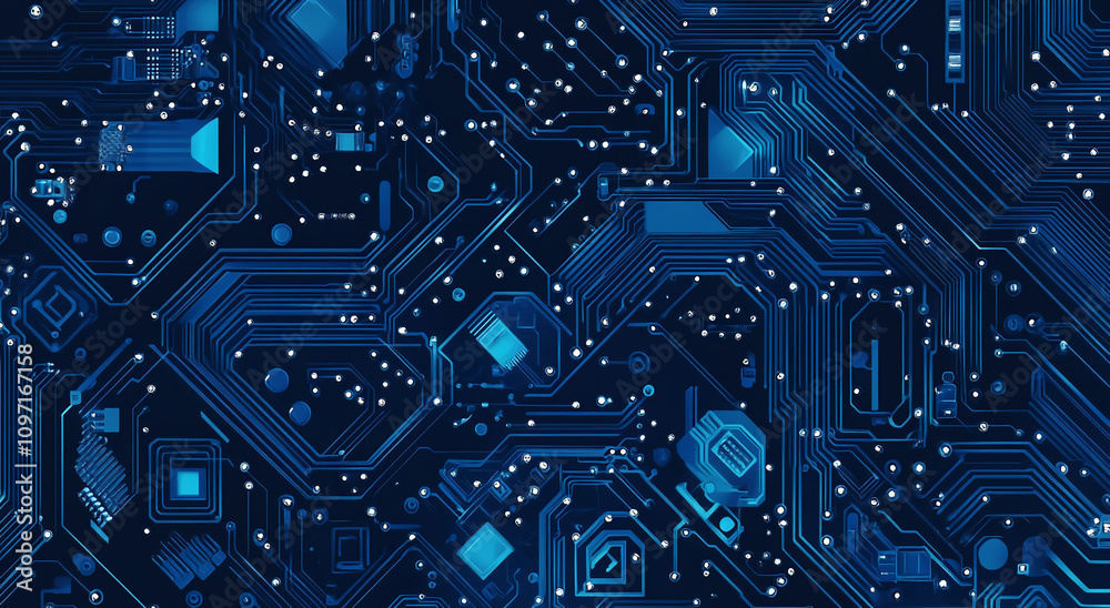 Poster Abstract representation of blue circuit patterns showcasing modern technology and digital innovation in a dark background