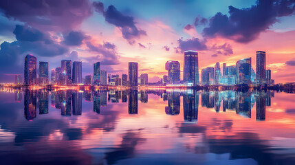 Fototapeta premium Futuristic neon skyline at dusk with illuminated skyscrapers and cityscape reflections. Dreamlike Skyline Reflections. Illustration