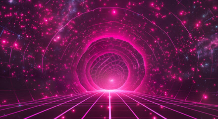 Futuristic neon tunnel with cosmic grid and glowing stars