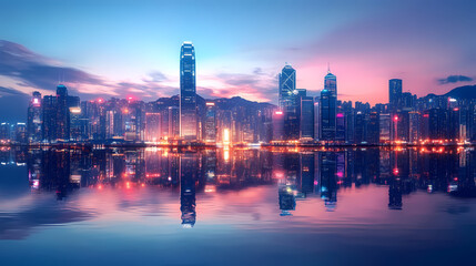 Fototapeta premium Dusk city skyline with neon reflections and illuminated skyscrapers. Dreamlike Skyline Reflections. Illustration