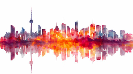 Obraz premium Colorful city skyline with reflections on white isolated background. Dreamlike Skyline Reflections. Illustration