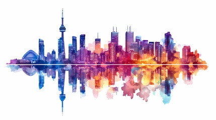 Obraz premium Colorful city skyline with reflections on white isolated background. Dreamlike Skyline Reflections. Illustration
