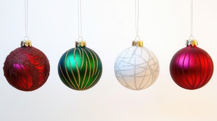 Obraz premium Vibrant Christmas ornaments in shades of red, green, and white dangle from delicate strings, showcasing intricate designs that enhance the festive atmosphere. Perfect for holiday decor