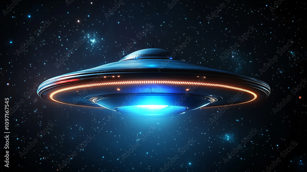 Poster vintage ufo design floating in the vastness of deep space, casting a brilliant blue glow from its un