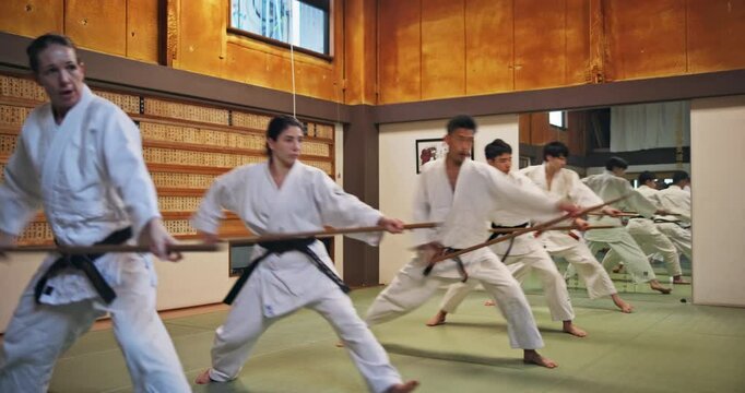 Sensei, student and learning for fight, martial arts and aikido with fitness, kung fu and stick in Japan. Training, bokken and master for karate, battle and self defense class with exercise in dojo