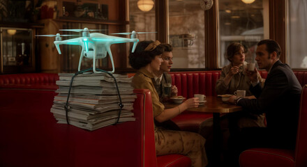 Retro cafe gathering with futuristic drone delivering magazines