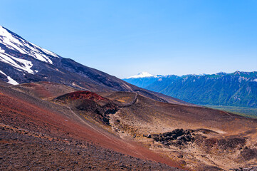Volcano Osorno, Chile - December 6, 2019:  Striking views of stratovolcano Osorno in the Southern Chile. Osorno is considered a symbol of the local landscape 