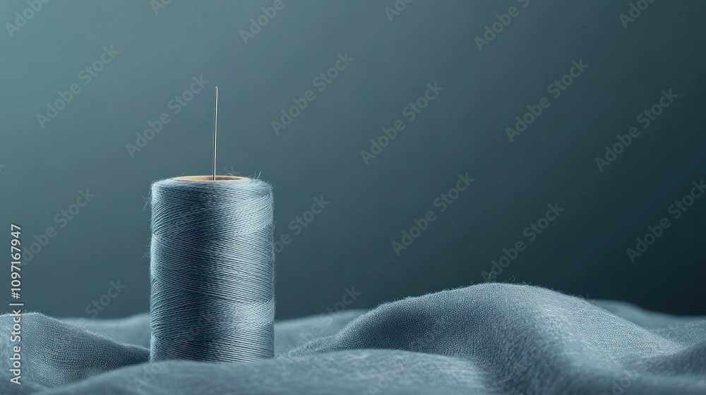 Poster a spool of thread with a needle sits on fabric