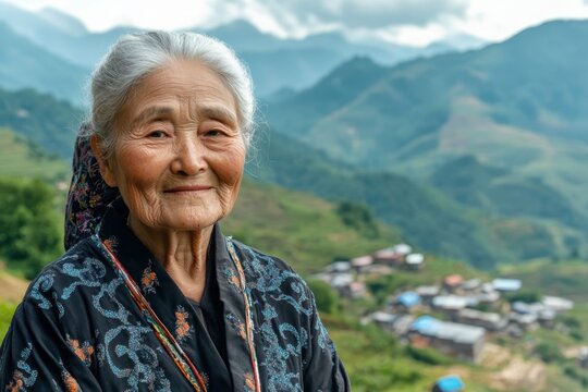 Elderly woman in traditional attire smiling against a mountain village backdrop in the afternoon