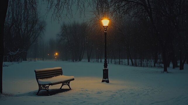 Snowy winter night with a lonely bench and glowing street lamp in a quiet park