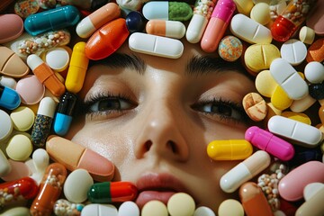 Woman lying down, her face surrounded by a variety of colorful pills and capsules, highlighting the issue of drug addiction and abuse