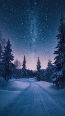Starry sky illuminates snowy landscape with cross country ski track in tranquil winter setting