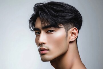 Studio portrait of a young asian man with modern fade haircut, showcasing his neck and clean skin