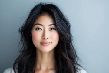 Headshot of a beautiful young asian woman with long wavy black hair and light makeup, conveying confidence and determination