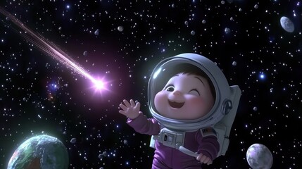 A joyful child in a spacesuit reaches for a shooting star amidst a colorful galaxy.