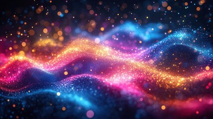 Fototapeta premium Vibrant neon fireworks illuminate the night sky with sparkling bokeh trails, perfect for trendy New Year’s designs or festive celebrations Defocused Lights Background