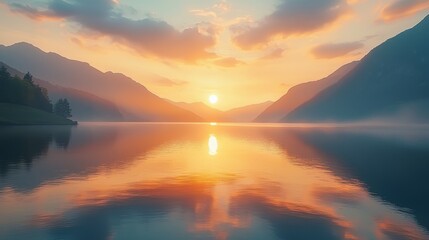 Sunset reflection over tranquil lake mountain landscape nature photography serene environment wide-angle view peaceful concept