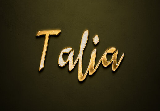 Old gold text effect of Arabic name Talia with 3D glossy style Mockup.