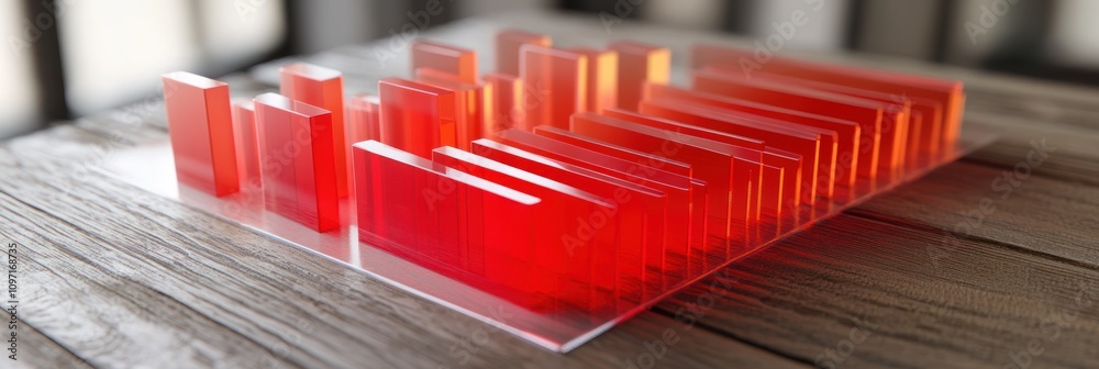 Leinwandbilder a series of transparent red bars arranged in a wave pattern on a wooden surface.
