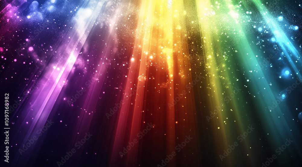 Poster Colorful light rays illuminate a dark background creating a vibrant atmosphere during a festive event